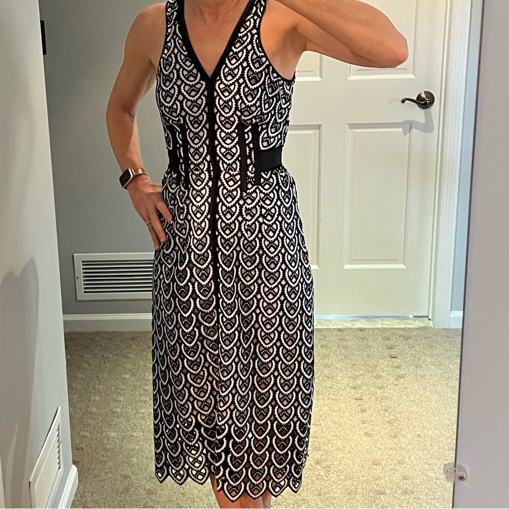 Self-Portrait Black & White V-Neck Midi Dress